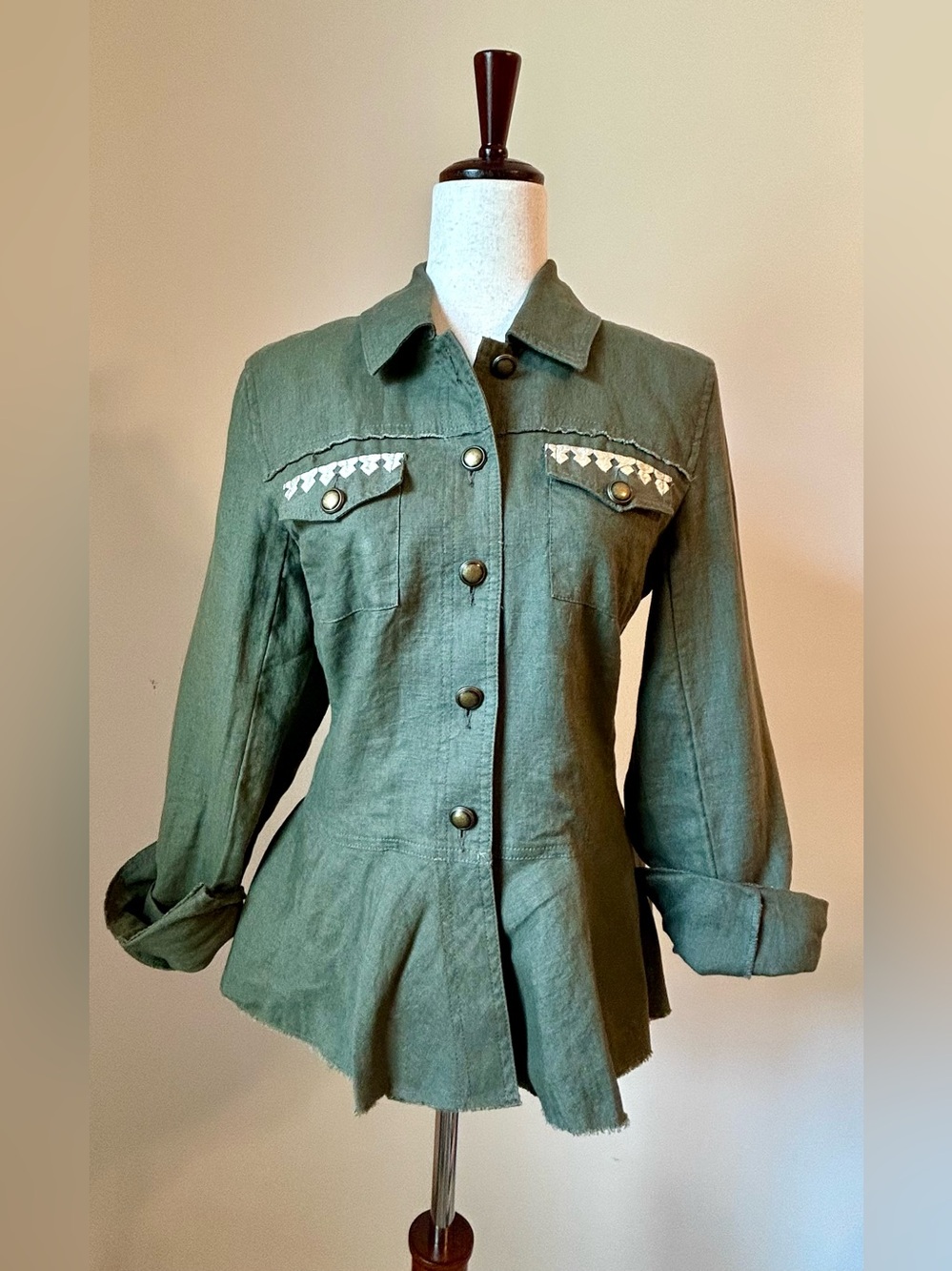 INC Olive Green Linen Embroidered Military Utility Jacket Size M